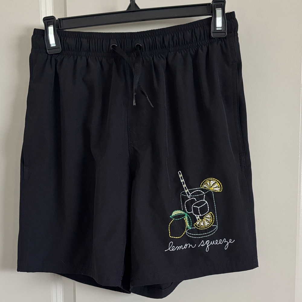 Old Navy Men's Black Swim Shorts with Lemon Squeeze Embroidery